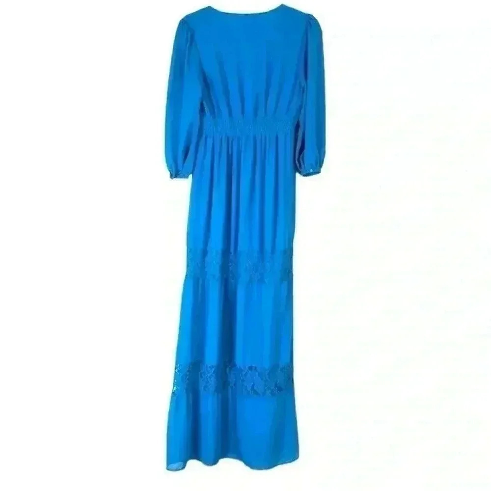 Flying Tomato Turquoise “70’s” Bohemian Aztec V-Neck Native Maxi Dress Size S - Picture 9 of 15